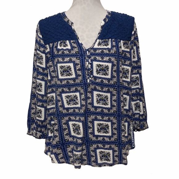 Anthropologie Porridge Belmar Blue Floral Geometric Print 3/4 Sleeve Blouse - Picture 10 of 13
